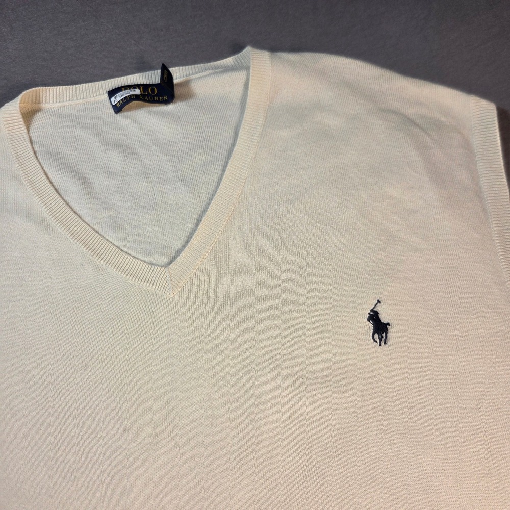 Polo Ralph Lauren Mens XXL Cream Pima Cotton V-Neck Sweater Vest Navy Pony
